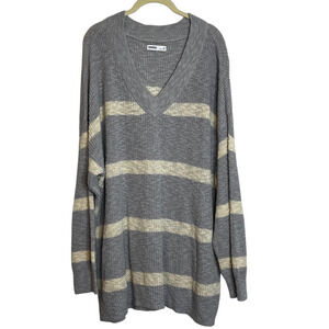 Sonoma Womens Chunky Knit Sweater Size 2X Gray Ivory Stripe V-Neck Pullover
